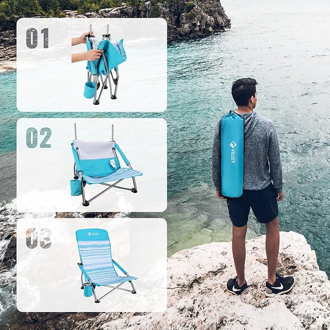 VILLEY Low Beach Chair, High Back Folding Chair for Adults, Lightweight and Portable for Outdoor, Camping, Lawn, Music Festival, with Cup Holder and Carry Bag - Blue Stripes
