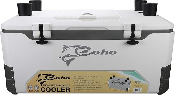 COHO 165QT Insulated Hard Cooler with Fish Ruler, Removable Cup Holders, Magnetic Disc & Tie-Down Loops, Ice Chest for Camping, Boating & Outdoor Use, Keeps Ice Up to 7 Days