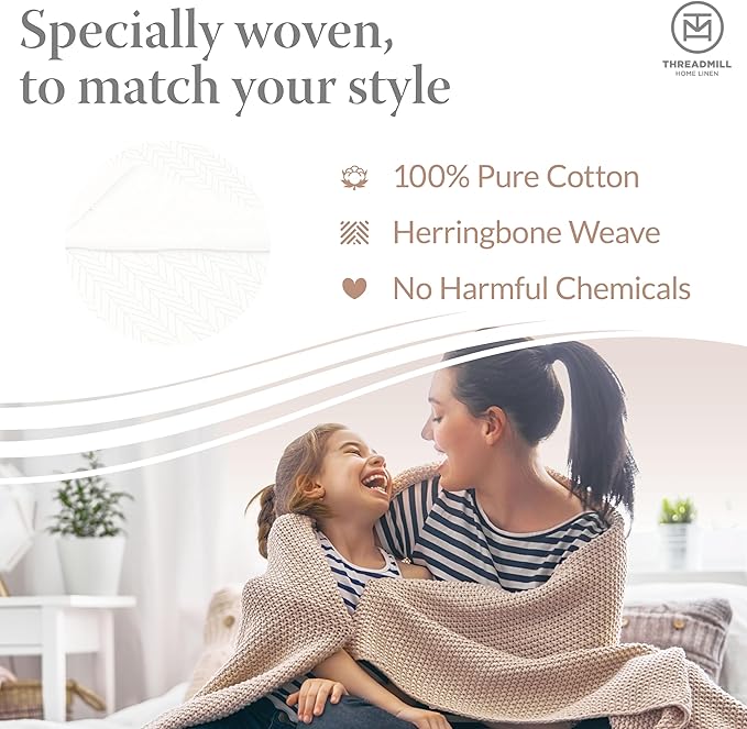 Threadmill Luxury Cotton Blanket for Queen Size Bed | All-Seasons Breathable Oeko TEX 100% Cotton Queen Blanket | Cozy, Soft Fall Thermals fits Full Size Bed, 90x92 inches | White