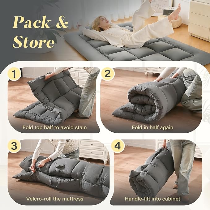 Japanese Floor Mattress, Foldable Futon Mattress Tatami Mat with Handle, Roll Up Dormitory Sleeping Pad for Camping, Guestroom Bed, Twin Size, Grey