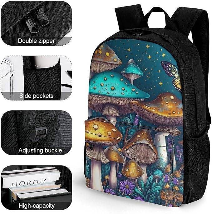 Supdreamc Rucksack Anti-Theft Multipurpose Big Capacity Carry On Bag, Trippy Mushroom Art Traveling Camping Backpack With Side Pockets