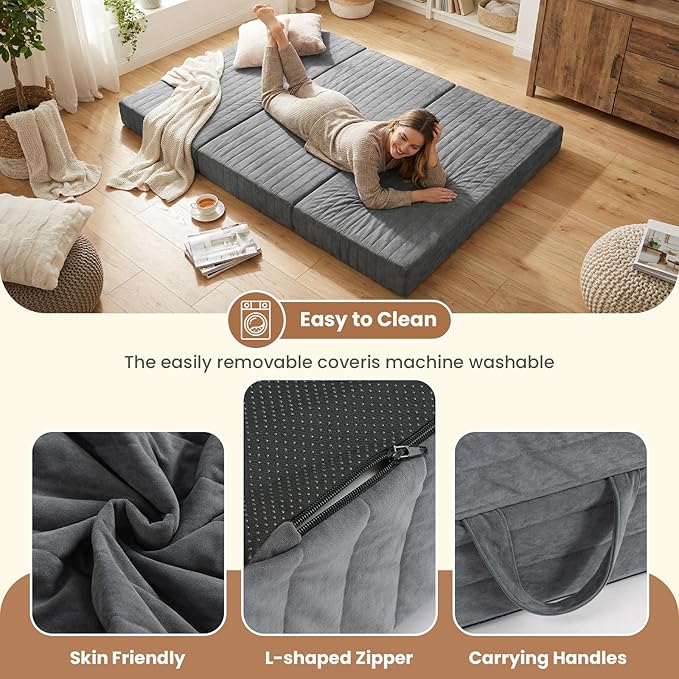 6-Inch Tri-Fold Mattress Queen Size, Covertible Bed Floor Futon Mattress with Handles & Non-Slip Bottom, Foldable Mattress with Removable Tufted for Guest, Camping, Dorm