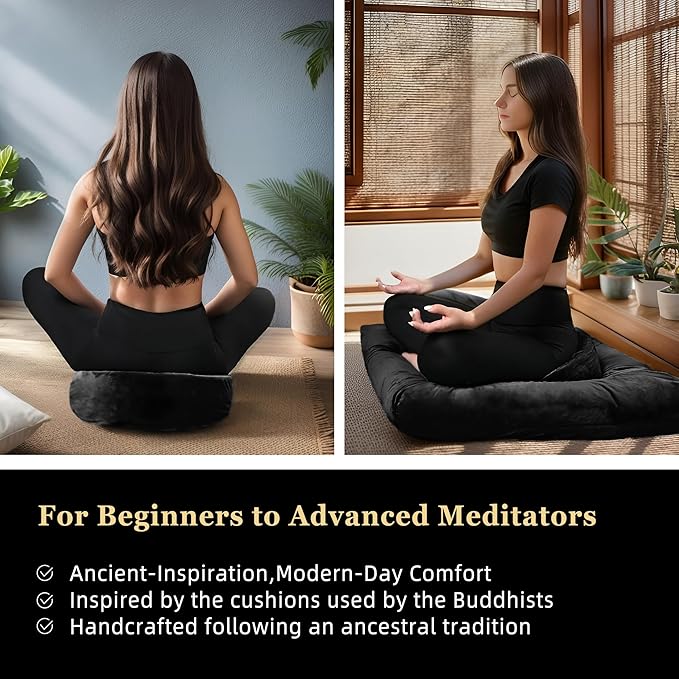 Meditation Zafu Cushion Set with Buckwheat Hulls & Memory Foam - Ergonomic Support for Yoga & Sitting - Removable Machine-Washable Luxury Velvet Cover - for Adults and Kids (Black)