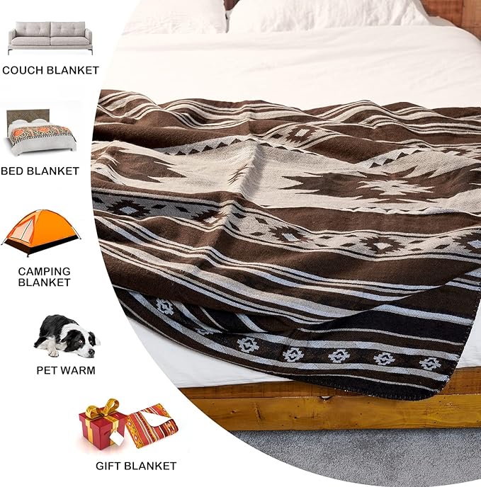 Aztec Patterned Throw Blanket with Soft Sherpa Lining, Traditional Southwestern Navajo Tribal Style Warm Throw for Camping, Outdoor, Light Weight Cozy Boho Blanket for Couch, Sofa, Bed, 50"x60", Brown