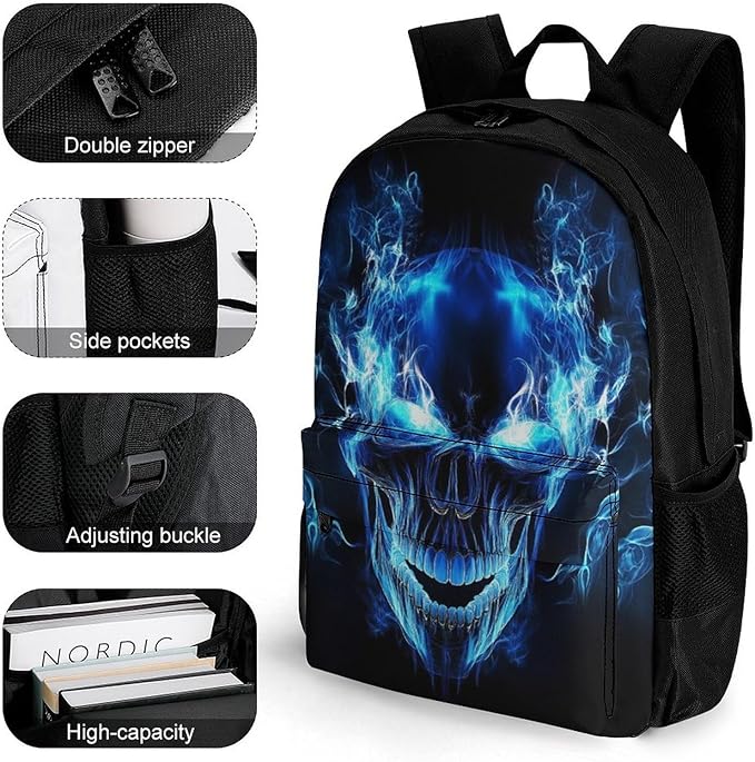 Lightweight Daypack for Camping Business Walking Cycling, Large Capacity Anti-Theft Multipurpose Bookbag, Blue Fire Flame Skull Gym Outdoor Hiking Backpack