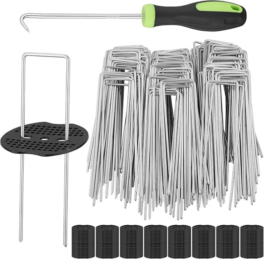 Greaner 6 Inch Garden Stakes, 60PCS U-Shaped Landscape Fabric Pins, Stakes Staples Kit with Pick Hook and Gasket Kit for Ground Weed Fabric Barrier, Orchard, Yard, Tents, Turf