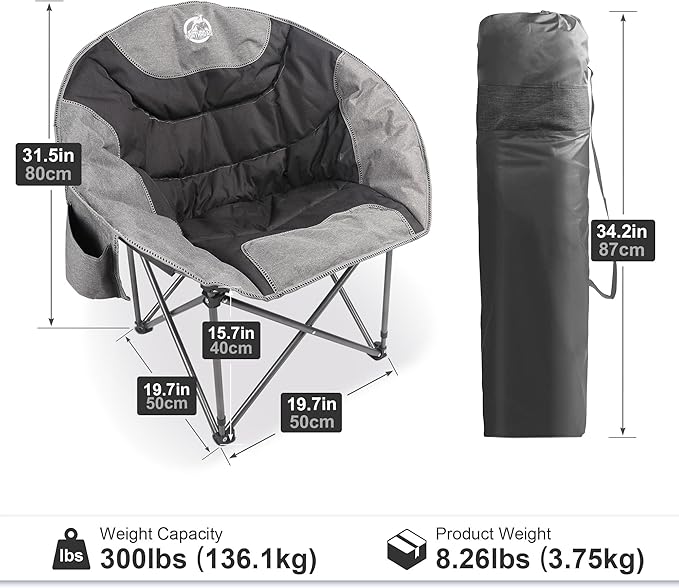 Northroad Folding Compact Camping Moon Chair, Outdoor Padded Saucer Round Chair w/Cup Holder Supports up to 300 lbs for Beach Hiking Fishing Picnic Lawn,Black