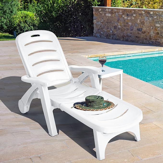 Tangkula Outdoor Chaise Lounge Chair, Adjustable 5-Position Recliner Chair with Built-in Wheels, Weather-Resistance Folding Lounge for Patio, Backyard, Poolside and Beach (2, White)