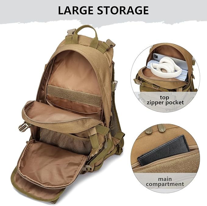 25L Small Tactical Backpack For Men, Military Waterproof Backpack With Multiple Pockets, 3-Day Bug Out Bag Molle Military Backpacks For Camping, Hiking, Traveling (Khaki)