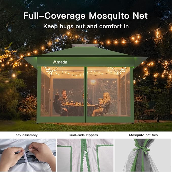 Amada 13x13 Pop Up Gazebo for Backyard & Patio Furniture,Gazebos on Clearance with Wheeled STO-N-Go Cover Bag,Carpa Pop Up Tent Party Tent and Shelter with Mosquito Netting for Lawn,Garden,Deck,Green