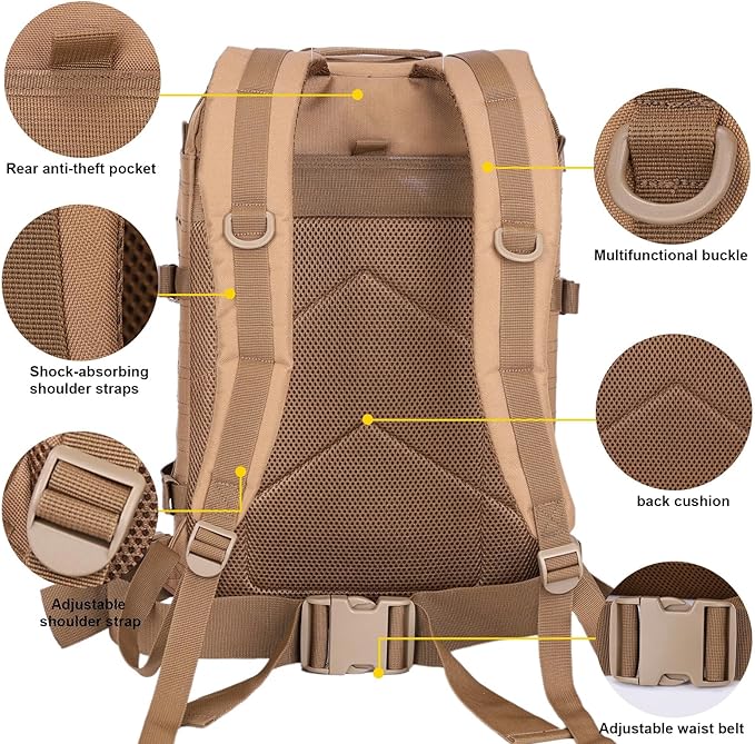 40L Tactical Backpack, Camouflage Military Bug Out Bag, Durable MOLLE Hiking Camping Gear (TAN)