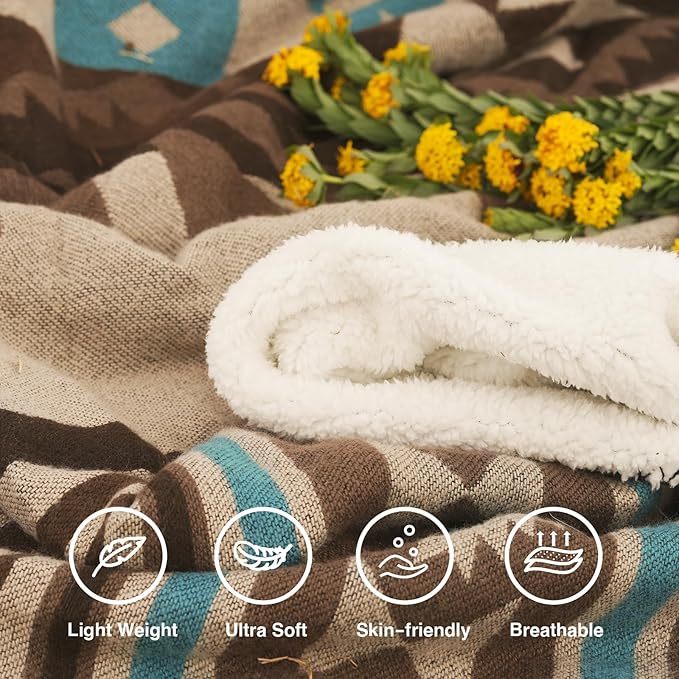 Aztec Throw Blanket with Soft Sherpa Lining, Traditional Southwestern Navajo Tribal Style Warm Throw for Camping, Outdoor, Cozy Boho Blanket for Couch, Sofa, Bed, 60"x80", Teddy Brown