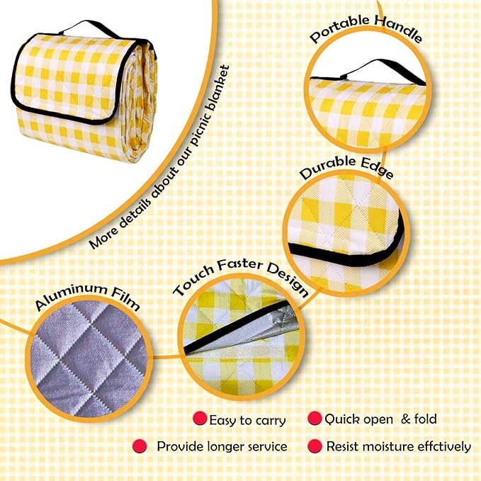 Large Picnic Blankets, 3 Layers Thick Soft Gingham Camping Blanket, 59X79IN Foldable Waterproof Rug, Portable Outdoor Mat for Beach Grass Hiking Park Travel, Sandproof, Machine Washable-Yellow