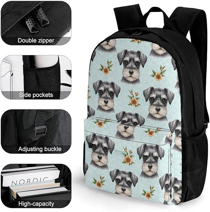 Shoulder Book Bags Anti-Theft Multipurpose Big Capacity Bookbag, Schnauzer Cute Dog Art Travel Hiking Backpack With Smooth Zippers