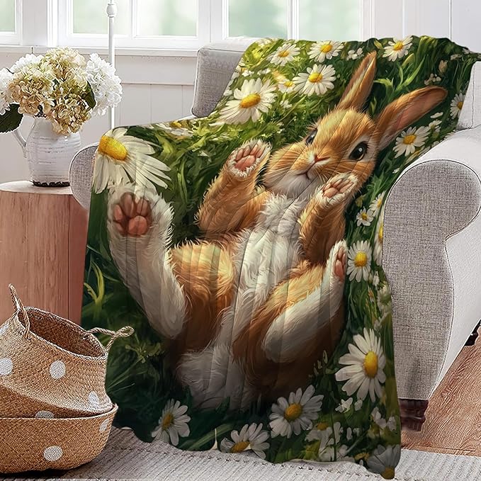 Cute Rabbit Blanket Bunny Hare Throw Blankets Daisy Gifts for Girls Boys Kids Rabbit Lover Soft Cozy Fleece Plush for Couch Sofa Bed 60"x50"