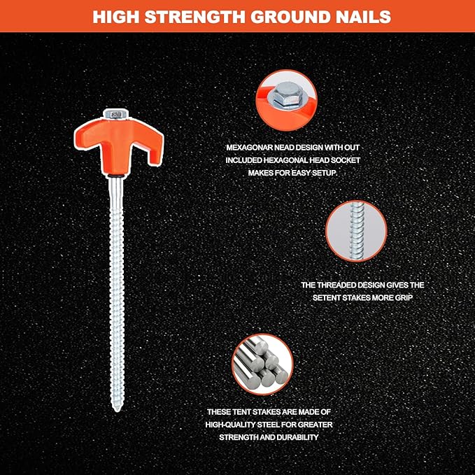 12 Pack Screw in Tent Stakes Heavy Duty,8 ’’ Ground Anchors Screw in,Metal Stakes with Hex Head Driver and Sturdy Storage Box. (12, Orange)