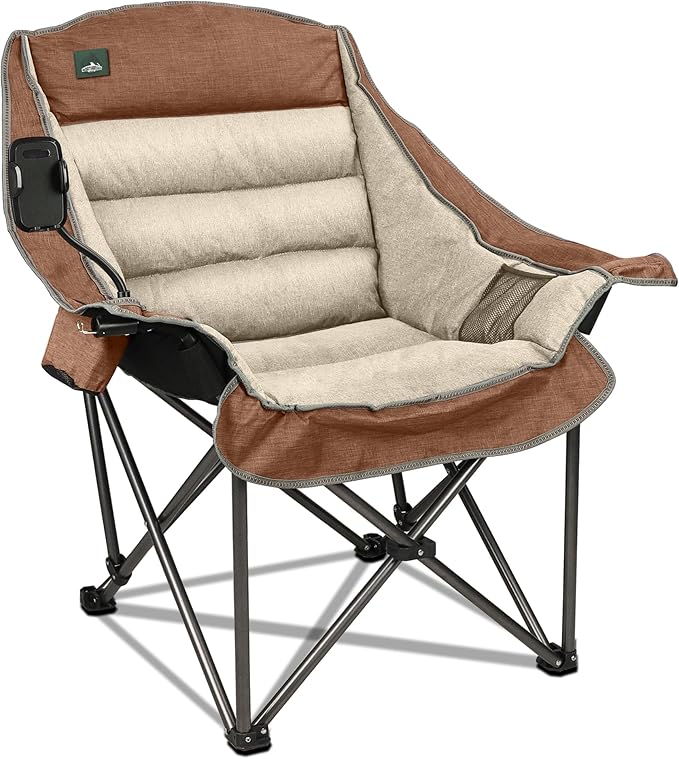 Northroad Oversized XL Padded Camping Chair w/Cell Phone Holder, Large Camp Chair, Foldable Lawn Chair w/Cup Holder,Carry Bag for Outdoor Hiking, Picnics, Heavy-Duty 400-lbs Capacity, Moca