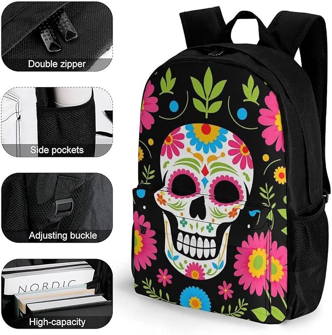 Supdreamc Backpack Polyester Anti-Theft Multipurpose Mexican Day Of Dead Flower Traditional Sugar Skull Bookbag Large Capacity Laptop Book Bag Rucksack With Side Pockets