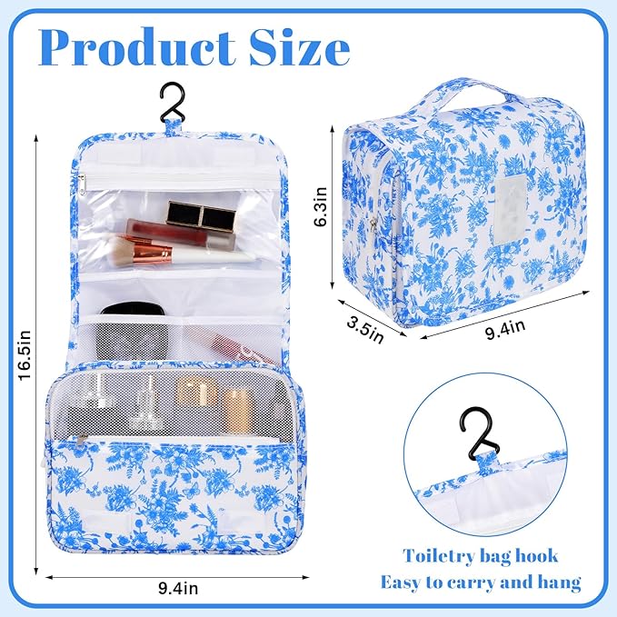 Pengxiaomei Toiletry Bag for Women, Waterproof Hanging Cosmetic Bag Portable Makeup Pouch Multifunction Handle Travel Toiletry Bag for Easter Gifts(Blue)