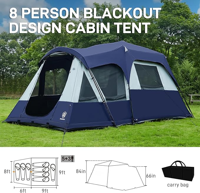 EVER ADVANCED 8 Person Blackout Design Cabin Tent, Camping Family Tent with Multi Room & Extra Porch and Rainfly, 2 Rooms Huge Portable with Carry Bag, Blue
