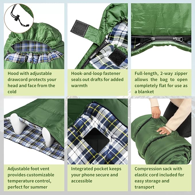 GEERTOP Flannel Sleeping Bags for Adults Big & Tall People Portable Cold Weather Envelope XXL All Seasons Camping Sleeping Bag