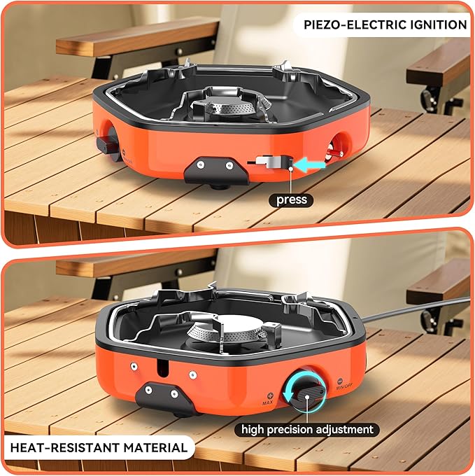 GIGART Portable Propane Camping Stove, Adjustable Camping Stove with Piezo Ignition, Lightweight Backpacking Stove for Outdoor Cooking, Camping, Hiking, Tailgating & Backyard BBQ (Orange)