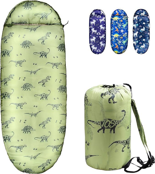 Kids Sleeping Bags for Boys – Military Green Dinosaur – Rioyalo YOLO 45 Camping Sleeping Bags for Kids with Carry Bag - Outdoor and Indoor (Military Dinosaur)