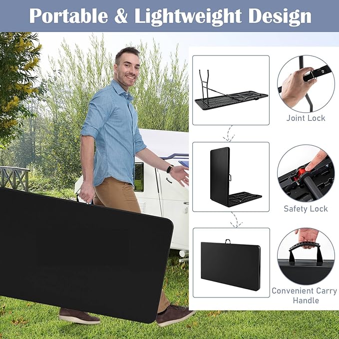 Tangkula 8 FT Folding Table, Indoor Outdoor Foldable Plastic Table with HDPE Tabletop, Sturdy Metal Fame, Carrying Handle, Heavy Duty Portable Fold-in-Half Picnic Table for Camping BBQ Party