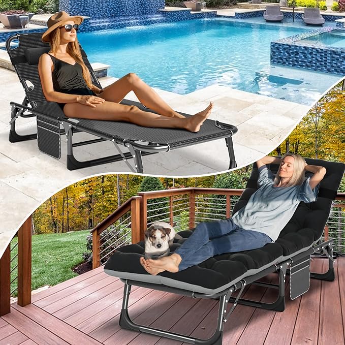 LILYPELLE Lounge Chair with Mattress, Heavy Duty Outside Lounge Chair Outdoor Portable Folding Lounge Chairs Sleeping Cots Bed for Camping, Pool, Beach, Patio