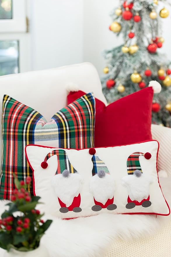Hofdeco Premium Holiday Winter Soft Velvet Decorative Lumbar Pillow Cover ONLY for Couch, Sofa, Bed, Embroidery Christmas Gnomes, Red, 12"x20"