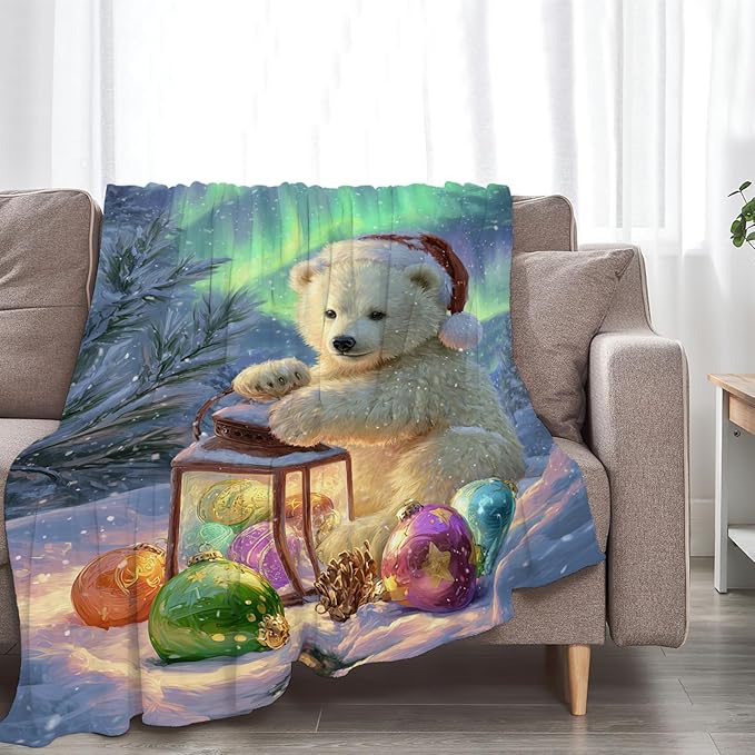 Christmas Polar Bear Blanket Winter Aurora Night Animal Throw Blankets Gifts for Girls Boys Kids White Bear Lover Soft Cozy Fleece Plush for Couch Sofa Bed 80"x60"