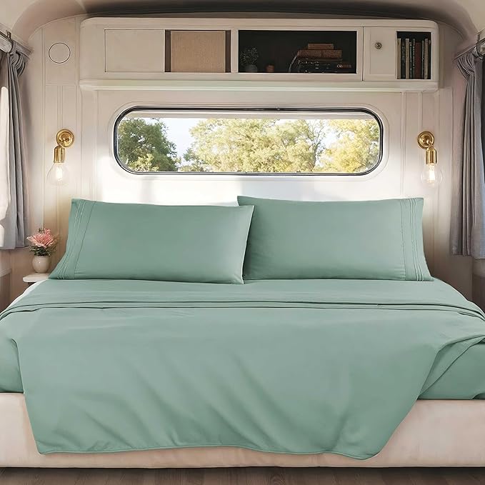 Hearth & Harbor Short Queen Sheets for RV, Light Sage RV Queen Sheets, Silky Soft 1800 Microfiber Bed Sheet for Camper, 4 Piece RV Bedding with Pillowcases