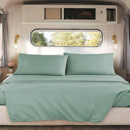 Hearth & Harbor Short Queen Sheets for RV, Light Sage RV Queen Sheets, Silky Soft 1800 Microfiber Bed Sheet for Camper, 4 Piece RV Bedding with Pillowcases