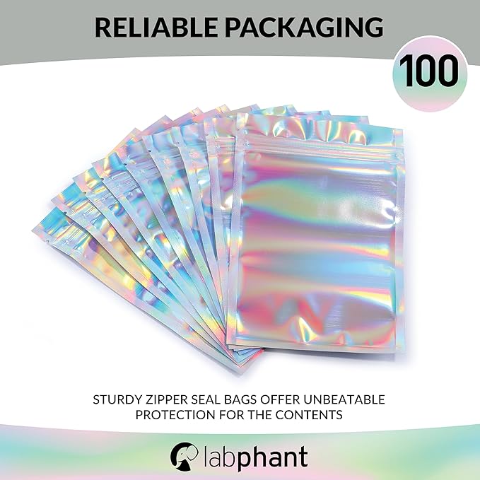 Mylar Bags with Zipper Seal 5 x 7" | 100 Bags | Rainbow Holographic | Sealable Heat Seal Bags for Candy and Food Packaging, Medications and Vitamins | For Liquid and Solids (5" x 7")