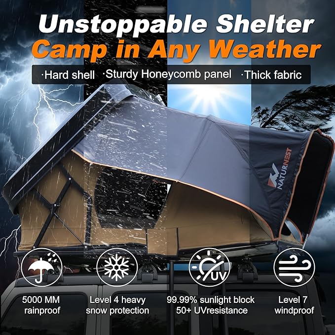 Naturnest Rooftop Tent Hard Shell, Easy Set Up Pop Up Large Tent for 2-3 Person Camping, Waterproof UV-Resistant Blackout Privacy 4 Season Tents for Truck, Jeep, SUV, Van, Trailer - Sirius 2