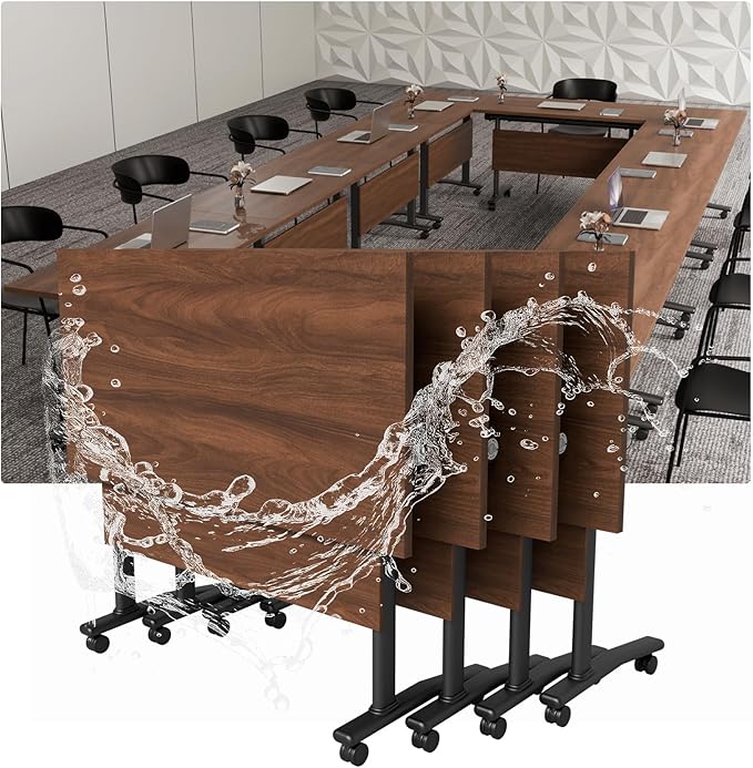 Modular Conference Room Table, Folding Seminar Desk with Wheels, Large Mobile Office Meeting Table for Classroom Training, Flip-Top Stackable Conference Tables,6 Packs Walnut Color