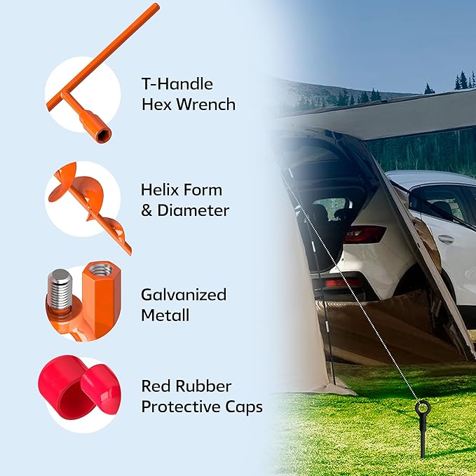 18" Heavy Duty Ground Anchors Kit (Orange 4 Pcs) - Shed Tree Tent Dog Canopy Trampoline Anchor Kit - Long Spiral Earth Auger - Tie Down Screw in Swing Set Anchors - to Ground Stakes - Sand Anchor Kit