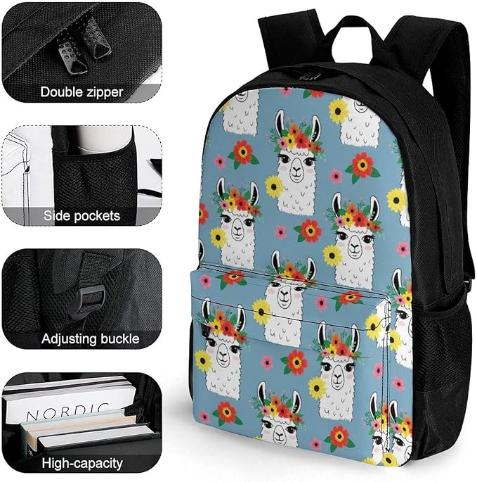 Rucksack Polyester Anti-Theft Multipurpose Alpaca Llama Flower Carry On Bag Large Capacity Travel and Sport Backpack Rucksack With Smooth Zippers