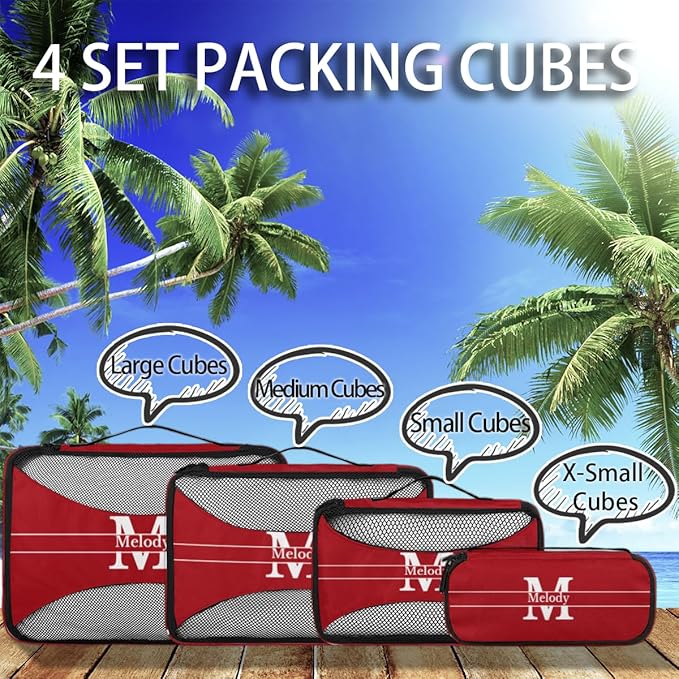 4pc Personalized Name Packing Cubes for Travel - Luggage Packing Organizers - Travel Packing Cubes for Suitcases, Solid Red Color with Initial Letter