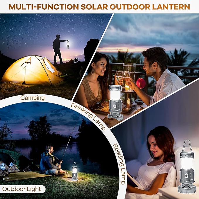 Solar Camping Lantern with Fan & Phone Charger, Portable Rechargeable Power for Hurricanes, Emergency, Power Outage and Camping Gear, Silver
