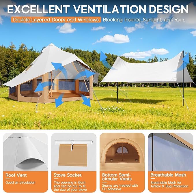 SPECRAFT Canvas Bell Yurt Tents & Inflatable Tent for Camping, Waterproof Glamping Tent with Stove Jack, Breathable Mesh, Snowproofing Spacious 4-Season Family Shelter for Outdoor, Camping, Parties