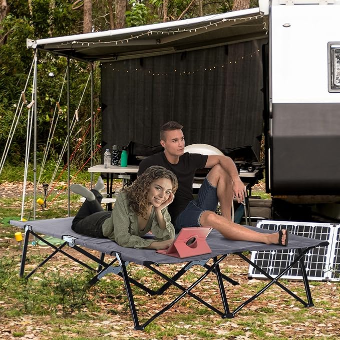 Outsunny 2 Person Folding Camping Cot for Adults, 50" Extra Wide Outdoor Portable Sleeping Cot with Carry Bag, Elevated Camping Bed, Beach Hiking, Grey