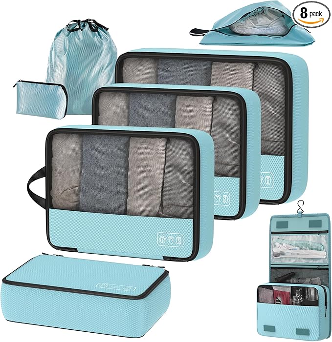 Compression Packing Cubes Set, Versatile 8pc Travel Essential Packing System- Lightweight Travel Organizers for Family & Business Travel, Space Save for Backpack, Duffel & Suitcase- Blue