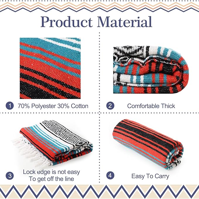 Peryiter 9 Pcs Mexican Blanket Bulk Large Yoga Blanket Striped Falsa with Fringed for Outdoor Beach Picnic Couch, 45 x 70 inch(Light Colors)