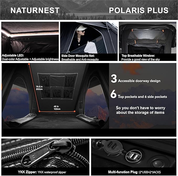 Naturnest Hardshell Rooftop Tent with 2 Luggage Racks, Car Roof Top Tent with AC Inlets, 3-Color LED Lights and Internal USB Plug for Vans, Jeeps, SUVs and Trucks, 2-3 Person