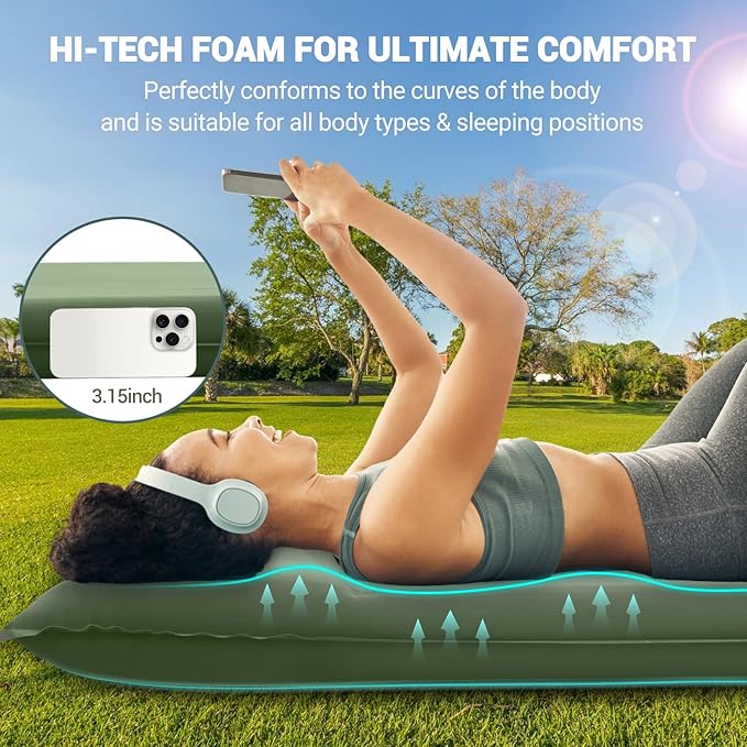 Elegear CumbreX™ Self Inflating Sleeping Pad, Built-in Electric Pump 3.15" Ultra-Thick Memory Foam Camping Mattress with Pillow Sleeping Pad for Camping R-Value 9.5 Foam Camping Pad Army Green Single