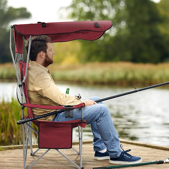 Elevon Camping Chair, Oversized Folding Chair with Canopy, Portable Outdoor Chair with Arms, Cup Holder and Carry Bag for Camping, Fishing, Beach, and Sports, Red