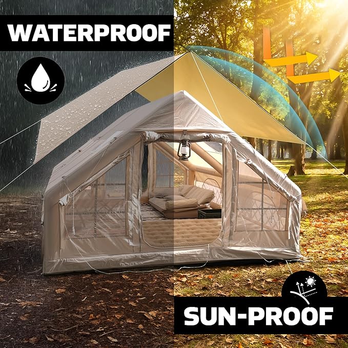 Inflatable Camping Tents 8-10 Person,129 Square Feets Large Inflatable Camping Tent with Stove Jack,Blow up Tent with Mesh Windows & Pump