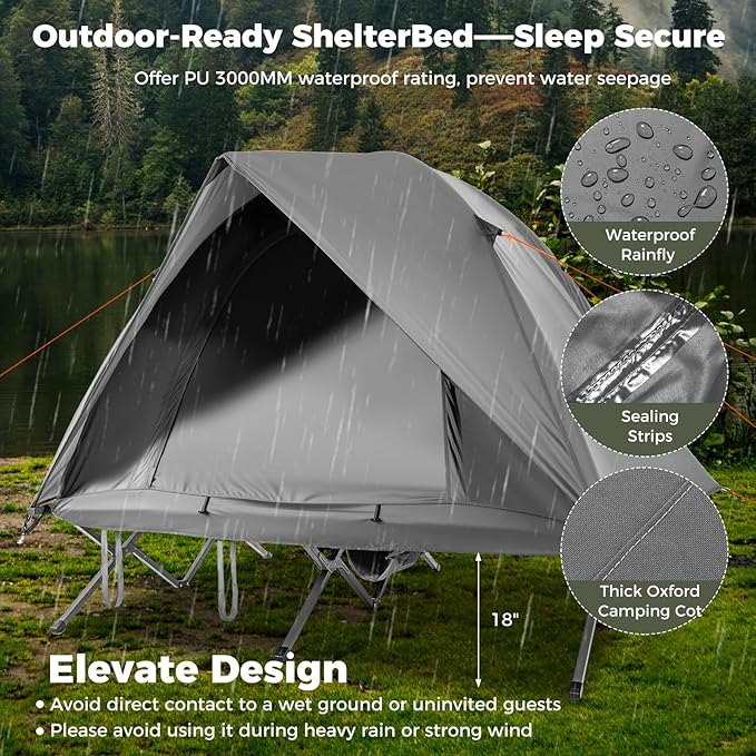 GYMAX 2-Person Tent Cot, 3 in 1 Folding Off-Ground Cot Bed Combo with Portable Wheeled Bag, Waterproof Rainfly, 2 Mesh Doors & Skylight Roof for Hiking, Backpacking, Outdoor