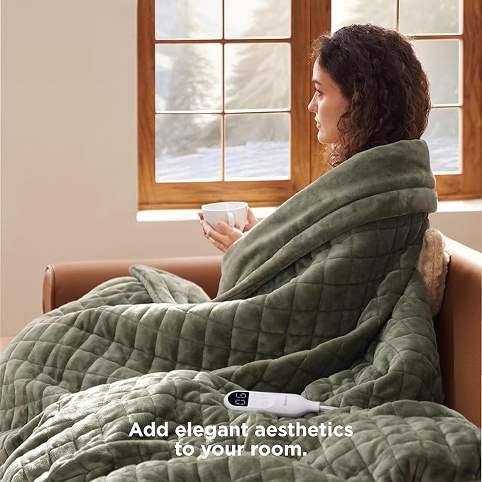 Bedsure Heated Blanket Throw Blanket - Quilted Electric Blanket, Soft Flannel Thick Heating Blanket with 4 Time Settings & 6 Heating Settings, Warm Gifts for Women Men (50x60 inches, Olive Green)